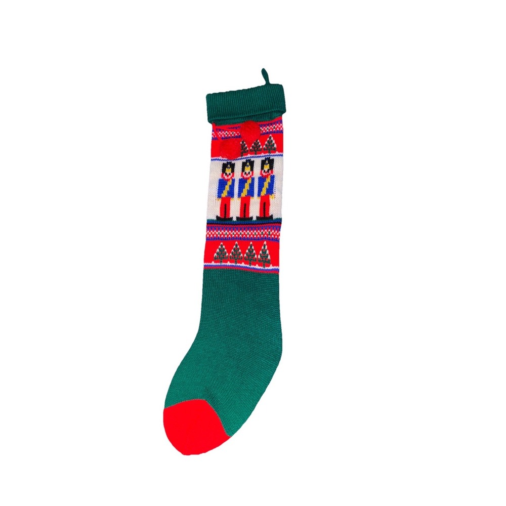 Vintage Knit Christmas Tree Stocking Avon Tin Soldiers Red Green 22" Long BLUT1